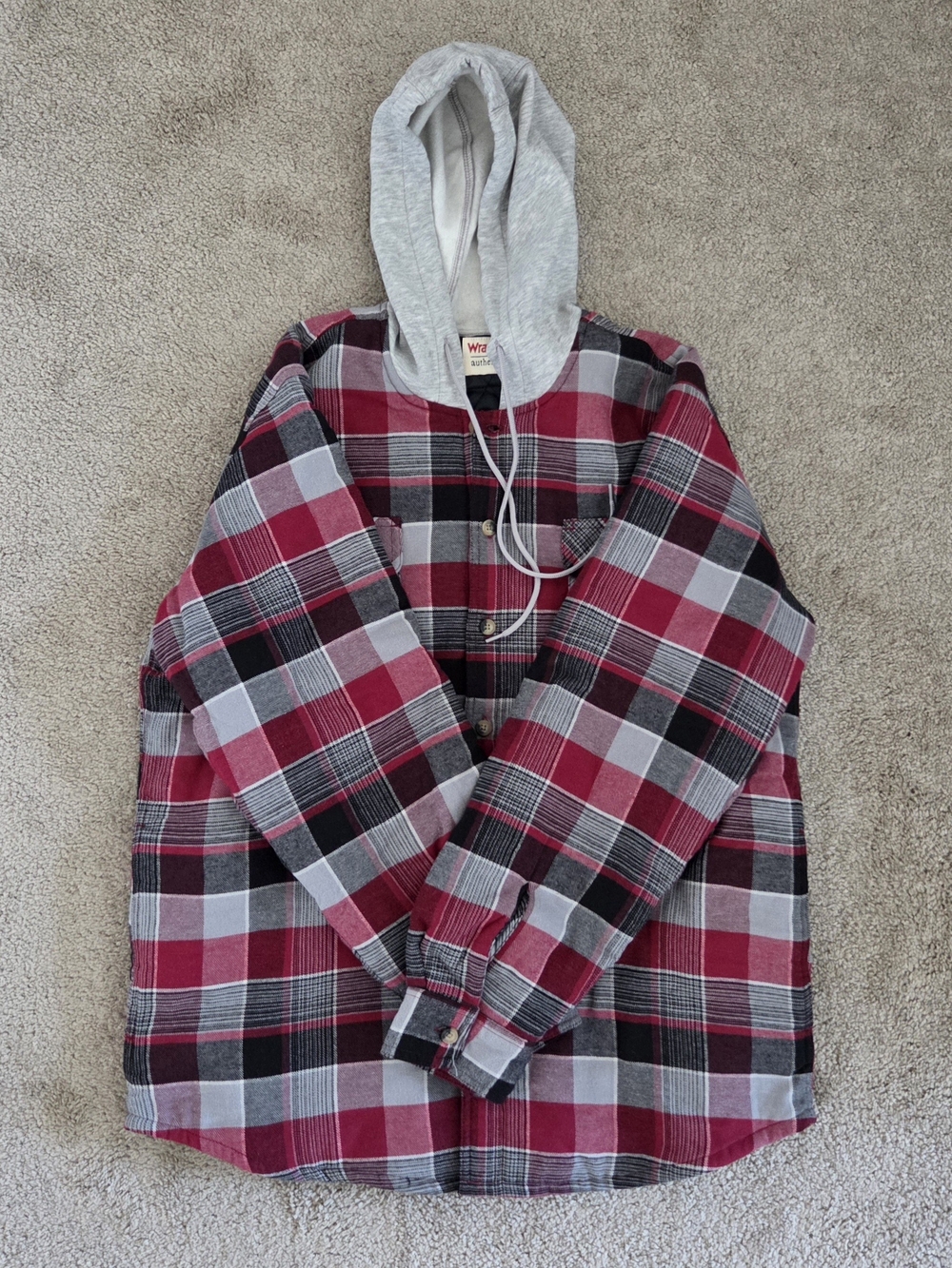 Wrangler Red and Black Plaid Hooded Flannel Jacket Men's Large